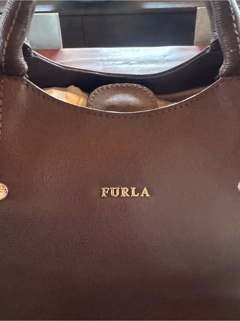 FURLA Italian Dark Brown Leather Tote with Gold Hardware. Like New - Picture 2 of 6